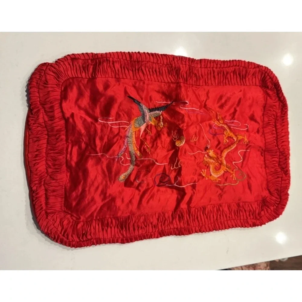 Unbranded Red Embroidered Satin Bird Dragon Pillowcase Asian Colorful Global